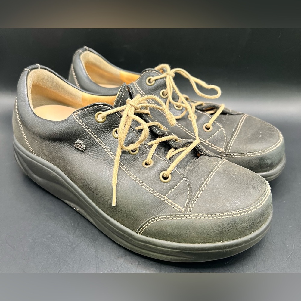 Finn Comfort-‎ Black Leather Casual Shoes with Tan Laces,Some wear, Size:4-1/2